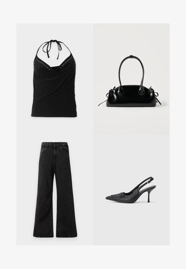 Top sin mangas negro con cuello halter, detalles de tachuelas plateadas a lo largo del escote y diseño delantero drapeado.; Vaqueros de mezclilla negros de cintura alta con un diseño de pierna ancha, que cuentan con bolsillos frontales y un cierre de botón en la cintura.; Sandal de tacón stiletto negro de cuero con punta afilada, correa lateral con hebilla, tachuelas a lo largo del borde y cordones decorativos en la parte delantera.; Pequeño bolso negro brillante con dos asas largas y detalles de cordón lateral sobre un fondo claro liso.