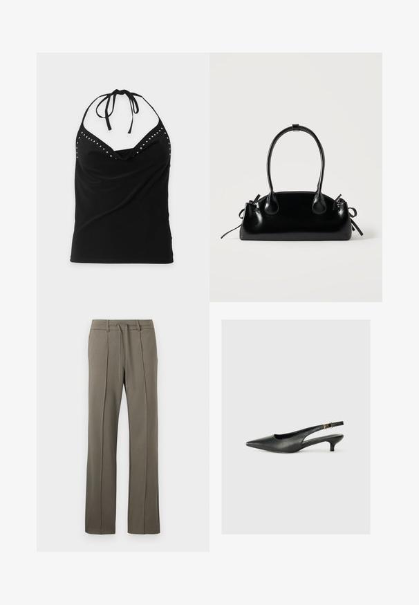Top noir sans manches à col halter avec des clous argentés le long de l'encolure et un devant drapé.; Pantalons kaki avec une coupe droite, taille à cordon de serrage et deux plis sur le devant. Fabriqués dans un tissu doux et texturé.; Chaussure slingback noire à bout pointu en cuir lisse. Présente un talon fin et un détail de boucle sur la sangle réglable.; Petit sac à main noir brillant avec deux longues anses et des détails à cordon sur les côtés sur un fond clair uni.