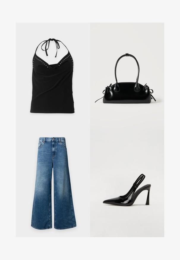 Sort halterneck ærmeløs top med sølvnitte detaljer langs halsudskæringen og et draperet forstykke.; Bredde denim jeans i mellemblå med et klassisk fem-lomme design, knaplukning og let falmning for ekstra tekstur.; Sorte patenterede lædersædler med spidse tæer, slank høj hæl og dobbelt elastisk rem for sikker pasform. Glat, skinnende overflade.; Lille sort blank håndtaske med to lange håndtag og snøre-detaljer i siden på en ensfarvet lys baggrund.