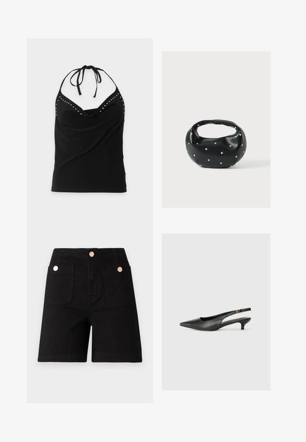 Μαύρο αμάνικο τοπ με halter neck, διακοσμημένο με ασημένιες τρουκ κατά μήκος της λαιμόκοψης και με σχεδιασμό draped στο μπροστινό μέρος.; Μαύρες τζιν σορτς με ψηλή μέση, διαθέτοντας δύο μπροστινές τσέπες και χρυσές μεταλλικές κουμπώσεις για κλείσιμο και διακοσμητικά στοιχεία. Λείος υφασμάτινος καμβάς.; Μαύρο παπούτσι slingback με μυτερή μύτη, κατασκευασμένο από λείο δέρμα. Διαθέτει λεπτό τακούνι και λεπτομέρεια με αγκράφα στη ρυθμιζόμενη λωρίδα.; Μαύρη δερμάτινη τσάντα χειρός με στρογγυλεμένο σχήμα, διακοσμημένη με ασημένιες λεπτομέρειες με καρφιά και κοντή λαβή. Λείο υλικό και κλείσιμο με φερμουάρ.