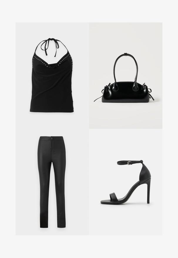 Sort halterneck ærmeløs top med sølvnitte detaljer langs halsudskæringen og et draperet forstykke.; Sorte leggings lavet af strækbart, glat materiale med en tætsiddende design, der har en frontknap- og lynlåslukning samt lige ben.; Sort højhælet sandal med et sleek design, der har en ankelrem, åben tå og glat lædertekstur.; Lille sort blank håndtaske med to lange håndtag og snøre-detaljer i siden på en ensfarvet lys baggrund.