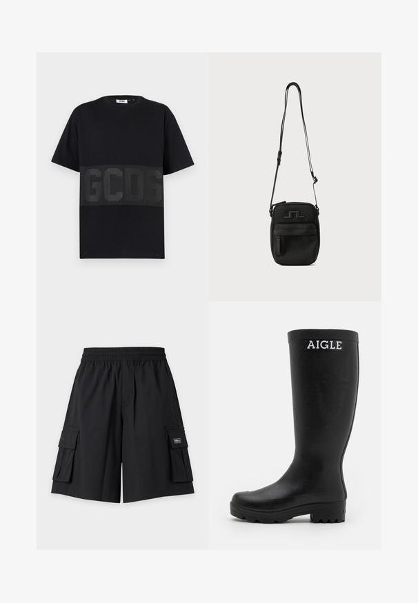 Schwarzes T-Shirt mit kurzen Ärmeln und einem breiten horizontalen Band über der Brust, das große, dunkel geprägte Buchstaben "GCDS" zeigt.; Schwarze Cargo-Shorts mit elastischem Bund und zwei Klappentaschen auf jeder Seite, mit einem kleinen Markenpatch auf der rechten Tasche.; Schwarze Gummiregenstiefel mit glatter Oberfläche, hohem Schaft und rutschfester, strukturierten Sohle. Mit einem weißen AIGLE-Logo auf der Vorderseite.; Schwarze Umhängetasche mit verstellbarem Riemen, vorderer Reißverschlusstasche und geprägtem Logo auf der Vorderseite vor einfarbigem Hintergrund.