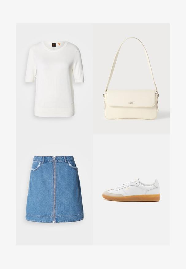 Hvid kortærmet strik-top med rund halsudskæring, ribkant og blød tekstur. Logomærke med orange detalje ved kraven.; Lyseblå denim nederdel med en frontlynlås, flosset kant på lommerne og lige snit design. Kantlinjen er let buet.; Hvide lædersneakers med beige ruskindsdetaljer, gummisål og snøredesign. Har diskret branding i guld.; Cremefarvet læder skuldertaske med flaplukning, sølvfarvet beslag, en enkelt justerbar rem og diskrete logodetaljer.