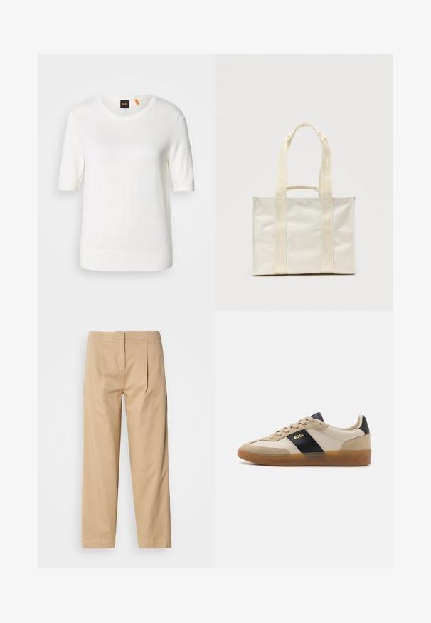 Hvid kortærmet strik-top med rund halsudskæring, ribkant og blød tekstur. Logomærke med orange detalje ved kraven.; Beige bomuldsbukser med en afslappet pasform, der har to frontfolder, en lige ben-konstruktion og en klassisk knaplukning i taljen.; BOSS BRENTA - Sneakers - medium beige; Hvid lærredstaske med to lange håndtag og et præget logo. Tasken har en rektangulær form og en glat overflade.