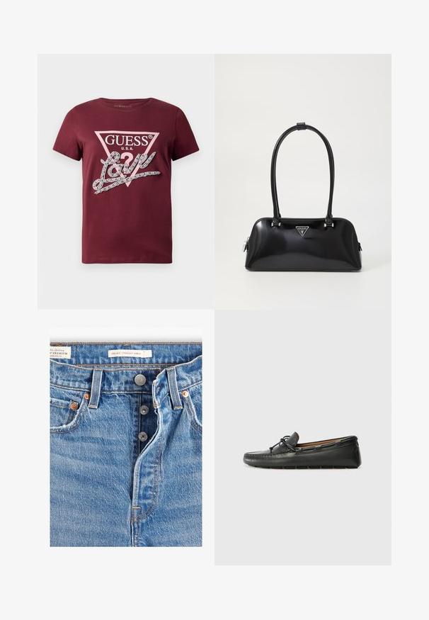 Camiseta de manga corta burdeos con el logo triangular de GUESS USA en color rosa pálido y el texto "Love" en cursiva adornado con gemas de imitación.; Jeans de mezclilla azul claro con corte recto a la altura del tobillo. Incluye cinco bolsillos, dos botones de metal y costuras naranjas visibles. Etiquetas presentes.; Zapato náutico de cuero negro con punta redondeada, detalles de costura, pequeño lazo decorativo y suela de goma. Textura suave y diseño aerodinámico.; Bolso de mano negro brillante con una silueta curva, dos asas y una placa de logo en la parte frontal. Cierre de cremallera y acentos de hardware brillante.