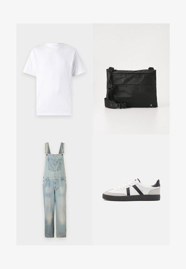 Camiseta blanca de manga corta hecha de algodón con cuello redondo, que presenta una textura suave y un diseño simple sin patrones ni acentos.; Breteles de mezclilla azul claro con tirantes ajustables, bolsillos en el pecho y los laterales, y un corte holgado y corto. Presenta zonas descoloridas.; Zapatilla blanca con acentos en negro y gris, que presenta una puntera texturizada en gris, suela de goma negra y cordones planos blancos. Diseño limpio, estilo minimalista.; Bolso mensajero de nylon negro con correa ajustable, diseño plano y una etiqueta lateral con un logo. Textura suave y estilo minimalista.