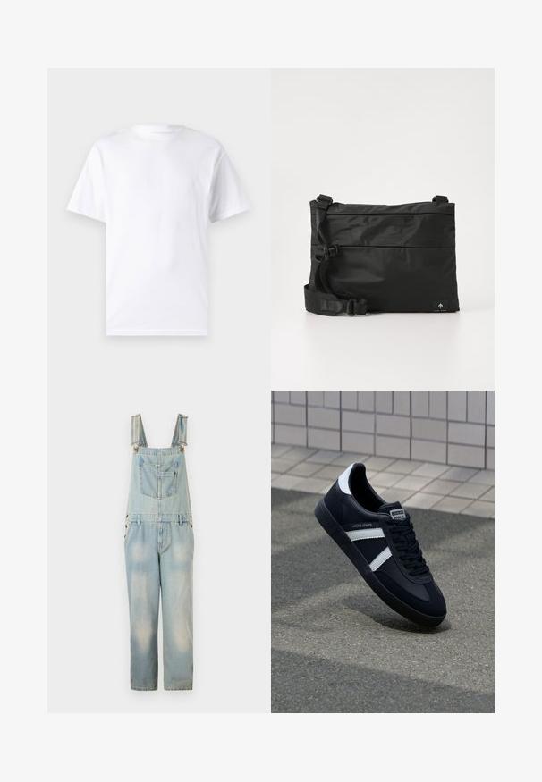 T-shirt blanc à manches courtes en coton avec un col rond, présentant une texture lisse et un design simple, sans motifs ni accents.; Salopette en denim bleu clair avec bretelles réglables, poches sur la poitrine et les côtés, et une coupe ample à longueur raccourcie. Zones décolorées présentes.; Sneaker en cuir noir avec des rayures blanches, semelle en caoutchouc texturée et devant à lacets. Présente une étiquette de marque sur la languette.; Sac messager en nylon noir avec une sangle réglable, un design plat et une étiquette latérale arborant un logo. Texture lisse et style minimaliste.