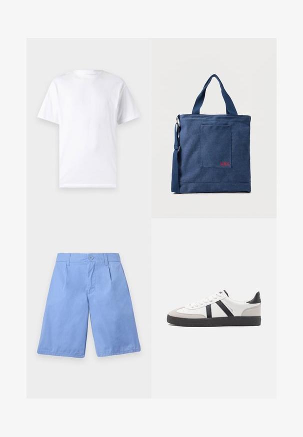 T-shirt blanc à manches courtes en coton avec un col rond, présentant une texture lisse et un design simple, sans motifs ni accents.; Shorts bleu clair en coton, avec une fermeture à boutons, deux poches avant, une coupe décontractée, et des plis sur le devant.; Baskets blanches avec des accents noirs et gris, présentant un embout texturé gris, une semelle en caoutchouc noir et des lacets plats blancs. Design épuré, style minimaliste.; Sac fourre-tout en toile bleue avec poche frontale et broderie rouge "O.N.S", doté de doubles poignées et d'une bandoulière réglable.