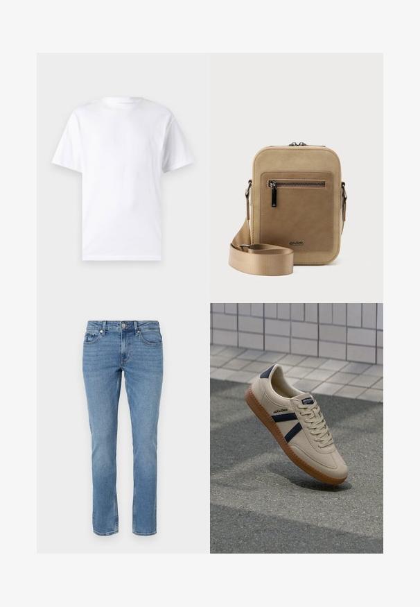 Witte T-shirt met korte mouwen, gemaakt van katoen, met een ronde hals. Het heeft een gladde textuur en een eenvoudig ontwerp zonder patronen of accenten.; Blauwe rechte spijkerbroek met voorzakken, riemlussen en een knopen sluiting.; Beige sneaker met een textuurafwerking, marineblauwe strepen en een rubberen zool. Heeft een gevoerde tong en een traditioneel vetersysteem voor een veilige pasvorm.; Kleine beige crossbodytas met een voorvak met ritssluiting, metalen ALDO-logo, verstelbare brede band en afgeronde rechthoekige vorm op een witte achtergrond.