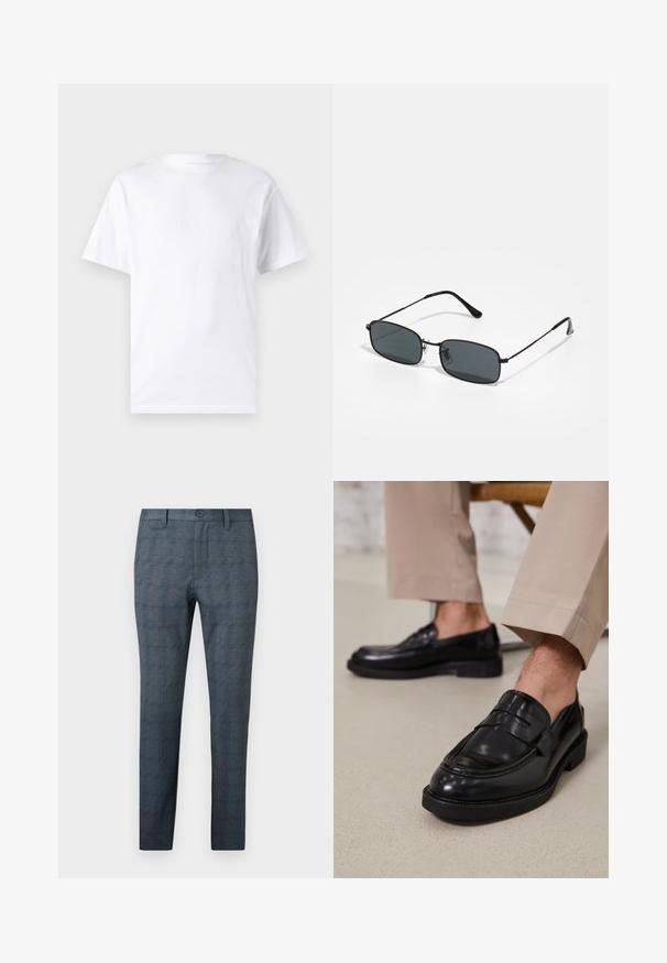 Witte T-shirt met korte mouwen, gemaakt van katoen, met een ronde hals. Het heeft een gladde textuur en een eenvoudig ontwerp zonder patronen of accenten.; Slim-fit herenkleedbroek in blauwgrijs met een subtiel ruitpatroon, voorste knoop, riemlussen en een vlak ontwerp aan de voorkant.; Zwarte leren loafers met een gladde afwerking, voorzien van een decoratieve band en contrasterende stiksels, gecombineerd met beige broeken.; Zwarte rechthoekige zonnebril met dun metaal montuur en donkere glazen, liggend op een wit oppervlak.