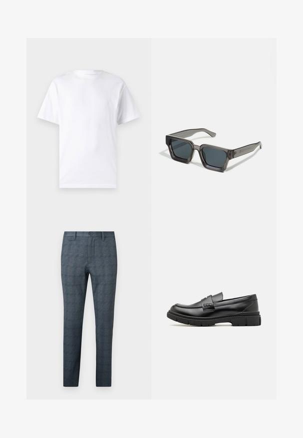 T-shirt blanc à manches courtes en coton avec un col rond, présentant une texture lisse et un design simple, sans motifs ni accents.; Pantalon habillé homme slim fit bleu-gris avec un motif à carreaux discret, bouton devant, passants de ceinture et devant plat.; Mocassin en cuir noir avec une large sangle sur le devant, semelle en caoutchouc à épaisse rainure, et texture lisse. Design classique et élégant.; Jack & Jones JACPETER SUNGLASSES UNISEX - Lunettes de soleil - grey
