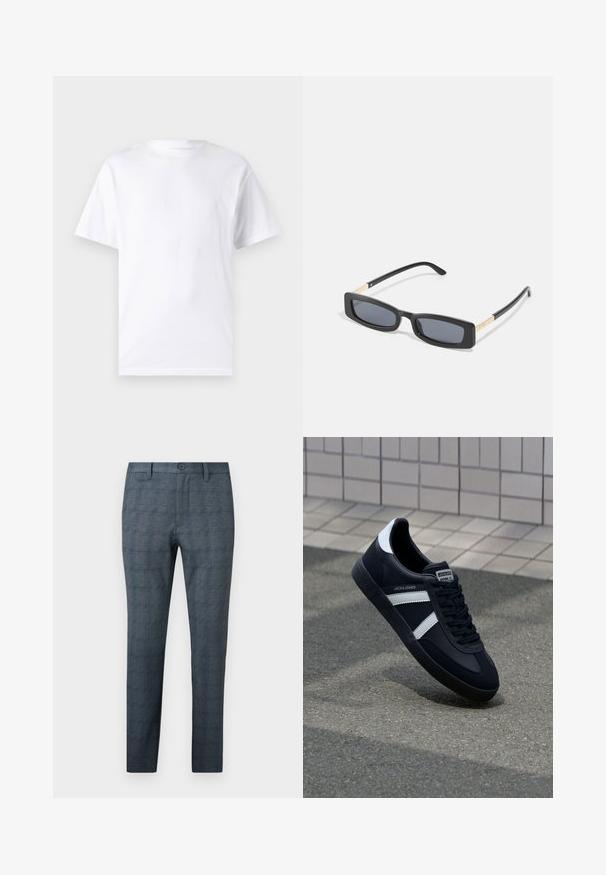 Witte T-shirt met korte mouwen, gemaakt van katoen, met een ronde hals. Het heeft een gladde textuur en een eenvoudig ontwerp zonder patronen of accenten.; Slim-fit herenkleedbroek in blauwgrijs met een subtiel ruitpatroon, voorste knoop, riemlussen en een vlak ontwerp aan de voorkant.; Zwarte leren sneaker met witte strepen, een gestructureerde rubberen zool en vetersluiting aan de voorkant. Voorzien van een merklabel op de tong.; Rechthoekige zwarte zonnebril met donkere lenzen. Slanke, platte armen hebben een gouden accent. Glad kunststof frame met een matte afwerking.