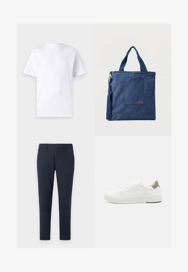 Weißes kurzärmeliges T-Shirt aus Baumwolle mit Rundhalsausschnitt, das eine glatte Textur und ein einfaches Design ohne Muster oder Akzente aufweist.; Dunkelblaue Slim-Fit-Hosen mit Gürtelschlaufen, Frontknopf und vorderen Taschen, auf einem weißen Hintergrund präsentiert.; Weißer Sneaker aus glattem Leder, runde Zehenpartie, minimalistisches Design, graue Fersenkante und strukturierte Gummisohle.; Blauer Canvas-Einkaufstasche mit Vordertasche und roter "O.N.S" Stickerei, ausgestattet mit zwei Griffen und einem verstellbaren Schulterriemen.