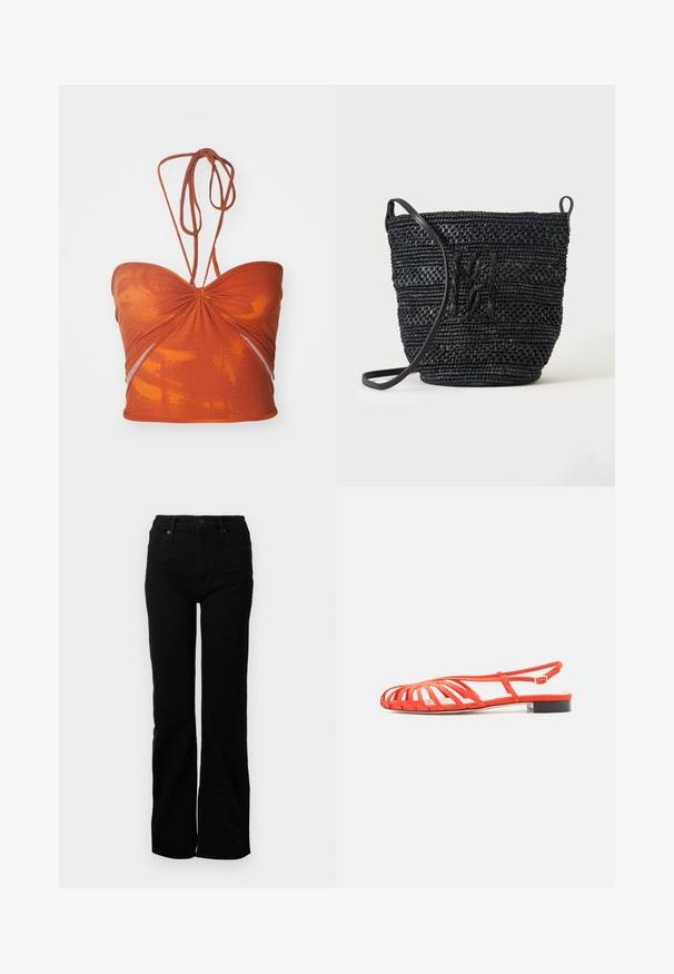 Orange strapless top med en samlet midte, subtilt mønster og tynde, justerbare skulderremme. Lavet af blød, strækbar stof.; Sorte denim jeans med en straight leg-design, fem lommer, frontlukning med knap og subtil struktur. Ingen synlige mønstre eller accenter.; Rød flad sandal med åben tåbur-design og justerbar ankelrem, med lav sort hæl og glat sål.; Sort flettet bucket taske med lang rem og tekstureret mønsterdetalje på en ensfarvet baggrund.