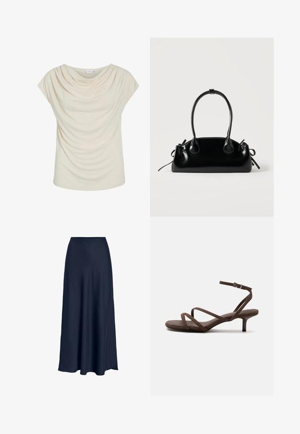 Haut de couleur crème avec un col drapé doux, un tissu drapé, des manches courtes et une coupe décontractée. Texture lisse ; design minimaliste.; Jupe maxi en satin bleu marine avec une texture lisse, taille haute et silhouette fluide. Se termine par une légère courbe à l'ourlet.; Sandale marron à talons hauts avec fines lanières croisées et bride de cheville avec boucle argentée sur fond blanc.; Petit sac à main noir brillant avec deux longues anses et des détails à cordon sur les côtés sur un fond clair uni.