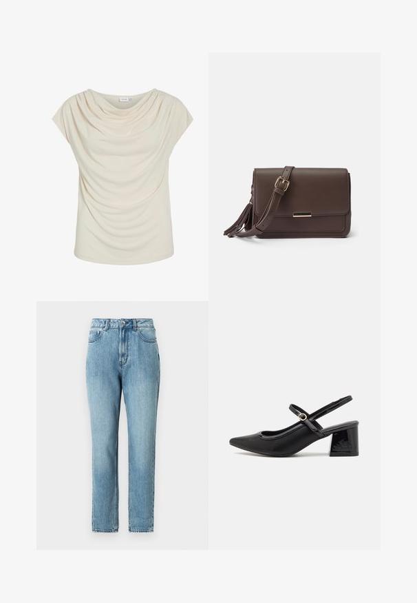 Cream-colored top with soft cowl neckline, draped fabric, short sleeves, and a relaxed fit. Smooth texture; minimalistic design.; TOM TAILOR DENIM Mom Jeans - clean mid stone blue denim; Black patent leather slingback heels with a pointed toe, a rounded cutout design, and a block heel. Features a gold-tone buckle accent.; Brown faux leather crossbody bag with a flap closure, gold-tone hardware, and side tassel detail. Adjustable strap for versatile wear.