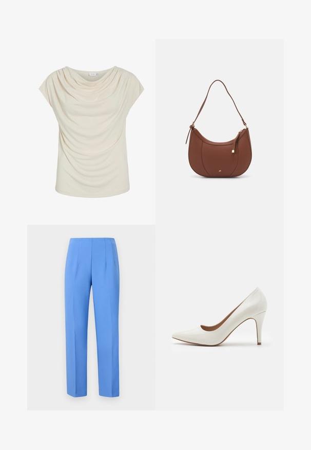 Haut de couleur crème avec un col drapé doux, un tissu drapé, des manches courtes et une coupe décontractée. Texture lisse ; design minimaliste.; Pantalons ajustés bleus en tissu lisse avec des plis sur les côtés, présentant une coupe droite et une taille propre. Aucun matériel ni motif visible.; Chaussure à talon haut en cuir verni blanc avec un bout pointu et une surface lisse, dotée d'un talon fin et d'une découpe basse autour de l'ouverture.; Sac à épaule en faux cuir brun, de forme arrondie, avec des coutures minimales et un accent en matériel doré. Il possède une fermeture zippée sur le dessus et une sangle réglable.