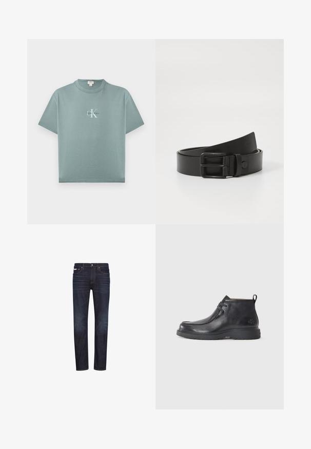 Hellblaugrünes T-Shirt mit kurzen Ärmeln und Rundhalsausschnitt, vorne mittig mit dem Calvin Klein-Logo in weißer und schwarzer Schrift.; Dunkelblaue Jeans aus Denim mit geraden Beinen, fünf Taschen, Reißverschluss und orangefarbenen Nähten. Glatte Textur, klassisches Design.; Schwarze Leder-Stiefel bis zur Knöchel mit runder Zehenform, Schnürdesign und einer Ziehlasche auf der Rückseite. Strukturiertes Obermaterial und Gummisohle.; Schwarzer Leder-Gürtel mit rechteckiger Metallschnalle. Verfügt über eine glatte Textur und ein minimalistisches Design, rollt am Ende leicht.