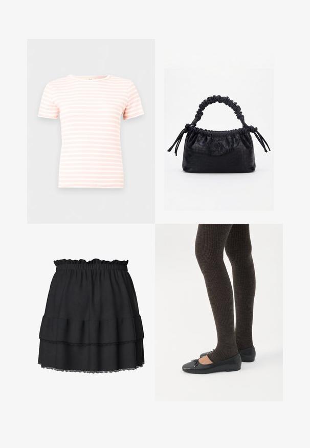 T-shirt en maille côtelée à manches courtes avec des rayures horizontales rose clair et blanches et un col rond.; Mini-jupe noire avec taille élastique froncée, volants superposés et bordure en dentelle sur l’ourlet, présentée sur fond blanc.; Jambes portant des leggings côtelés foncés associés à des ballerines noires avec de petits détails en nœud sur fond blanc.; Sac à main noir avec texture crocodile, bord supérieur froncé, poignée plissée et pompons à cordon de chaque côté sur fond blanc.