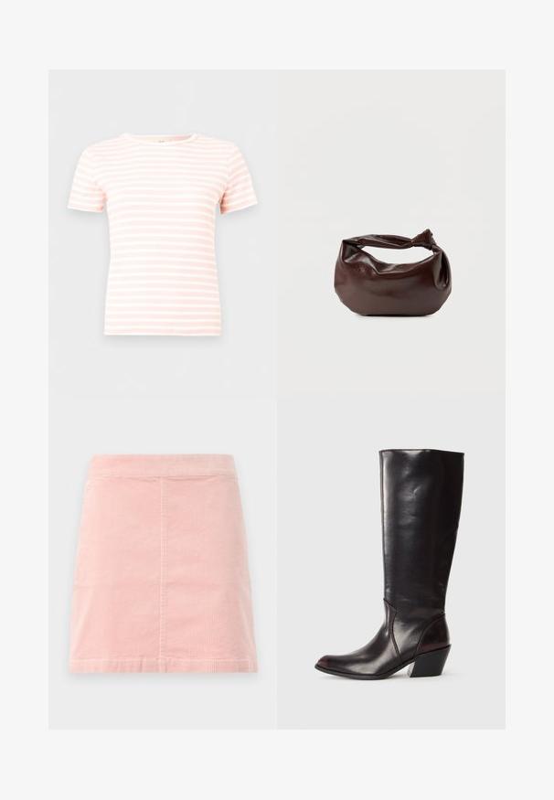 Korte mouw ribgebreid T-shirt met horizontale lichtroze en witte strepen en een ronde hals.; Roze corduroy mini rok met een aansluitende taille en verticale ribbeltextuur. De zoom is recht en het heeft een eenvoudig ontwerp zonder versieringen.; Knielange, donkerbruine leren laars met een spitse neus, hoekige blokhak en een gladde, glanzende textuur. Heeft een strak ontwerp en stikdetails.; Donkerbruine leren schoudertas met een zachte, slungelige vorm en een gedraaide knoopvormige handgreep op een effen witte achtergrond.