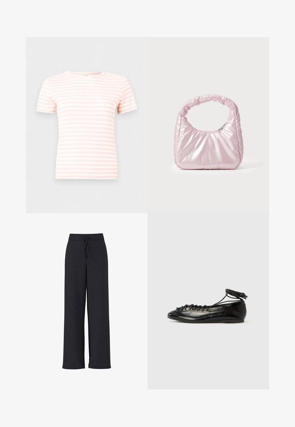 Camiseta de punto acanalado de manga corta con rayas horizontales en rosa claro y blanco y cuello redondo.; Pantalones de pierna ancha de color gris oscuro con tela texturizada, con una cintura elástica y cordón ajustable para un ajuste cómodo.; Zapatos planos tipo ballet de charol negro con punta redondeada, diseño con cordones y suela plana. Textura lisa con detalles mínimos.; Bolso de mano acolchado en color rosa con un diseño redondeado, fabricado en material brillante. Presenta un asa fruncida y un cierre de cremallera para un acceso seguro.