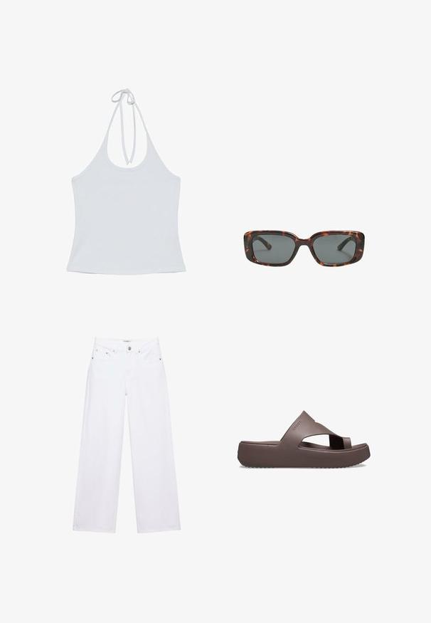 Top blanc sans manches à col halter avec fermeture par lien dans le dos, tissu lisse et design simple.; Jean blanc taille haute à jambes larges avec fermeture à boutons et zip, poches avant et arrière, et détails en rivets argentés.; Sandales à plateforme marron en matériau en caoutchouc, présentant un design à sangles croisées, un bout ouvert et une semelle texturée pour une meilleure adhérence. Logo sur le côté.; Lunettes de soleil en écaille de tortue avec des verres rectangulaires, monture épaisse et verres teintés foncés. Texture lisse et design minimaliste.