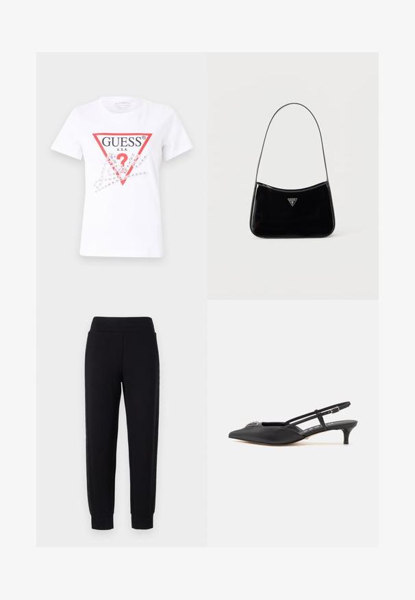 Camiseta de algodón blanca con un logotipo en triángulo rojo que dice "GUESS U.S.A." y un signo de interrogación, adornada con brillantes transparentes y elementos gráficos.; Pantalones deportivos negros con piernas ajustadas, que cuentan con una amplia cinturilla elástica y paneles laterales texturizados. Hechos de un material suave y elástico.; Zapatos slingback negros con punta afilada, hechos de material suave, con un pequeño tacón y un acento decorativo plateado en el empeine.; Bolso de hombro de charol negro con correa delgada, logotipo triangular de Guess en el frente y cierre superior con cremallera.