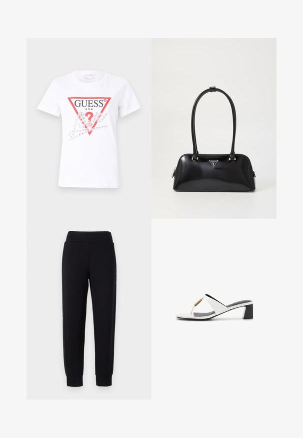 Camiseta de algodón blanca con un logotipo en triángulo rojo que dice "GUESS U.S.A." y un signo de interrogación, adornada con brillantes transparentes y elementos gráficos.; Pantalones deportivos negros con piernas ajustadas, que cuentan con una amplia cinturilla elástica y paneles laterales texturizados. Hechos de un material suave y elástico.; Sandalia de tanga con tacón para mujer en cuero blanco, con tacón bloque negro y adorno dorado en la tira delantera, vista de perfil sobre fondo blanco.; Bolso de mano negro brillante con una silueta curva, dos asas y una placa de logo en la parte frontal. Cierre de cremallera y acentos de hardware brillante.