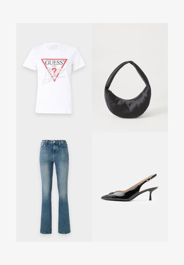 Hvid bomulds T-shirt med et rødt trekantet logo med "GUESS U.S.A." og et spørgsmålstegn, prydet med klare rhinsten og grafiske elementer.; Lys blå denim flared jeans med fem lommer, høj talje og sy detaljer. Stoffet viser en let falmet vask og en glat tekstur.; Sort patentlæder slingback hæl med spids tå, lille kitten hæl og sølvspænde på en ensartet hvid baggrund.; Sort satin håndtaske med en buet form, der har en lynlåslukning og et trekantet logo i metal på forsiden. Glat tekstur og slankt design.
