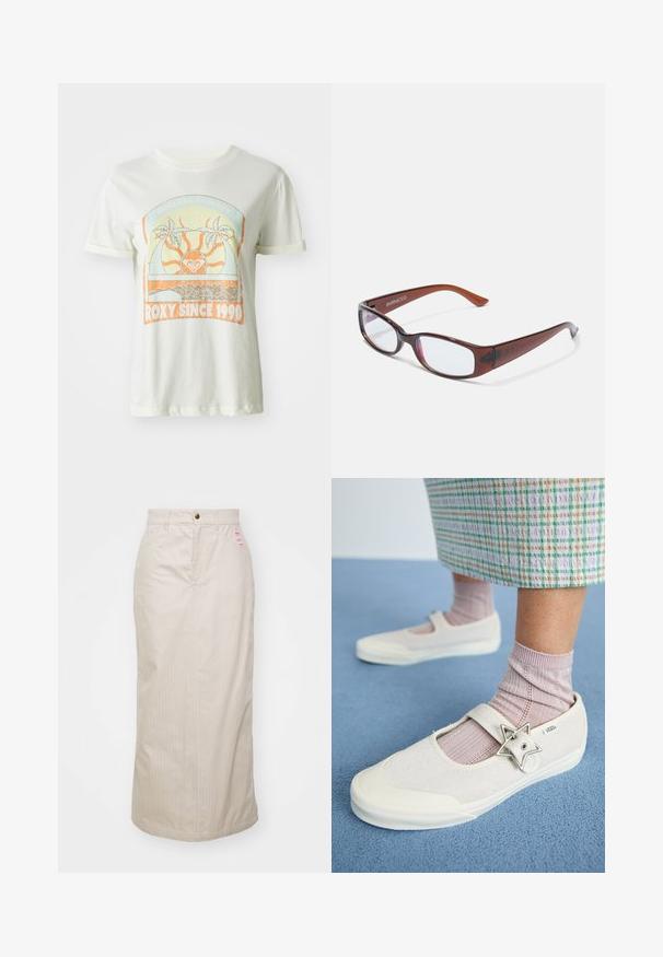 Crème-kleurige katoenen t-shirt met een retro graphic van palmbomen, de zon en "ROXY SINCE 1990" in oranje en teal accenten. Korte mouwen.; Beige gestreepte rok met een hoge taille, verborgen rits en metalen knoopsluiting. Inclusief een klein merklabel aan de voorkant.; Witte canvas schoenen met een suède bovenkant, een band over de wreef en een stervormige zilveren accent. Gecombineerd met lichtroze geribde sokken.; Bruin getinte rechthoekige brillen met een glanzende afwerking, met slanke pootjes en doorzichtige glazen. Logo zichtbaar op de linkertempel.