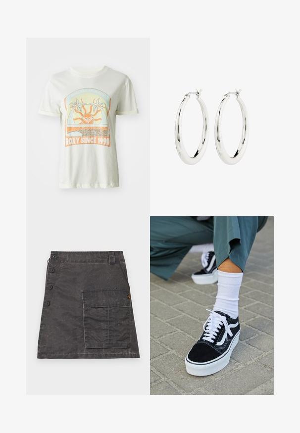 Kreemikas värvi puuvillane T-särk, millel on retro graafika, kus on palmipuud, päike ja "ROXY SINCE 1990" oranžide ja teal värvide aktsentidega. Lühikesed varrukad.; Hallideg hallid, mis on valmistatud tekstuuriga kangast, ees on nupuvajutusega sulgemine ja küljetasku. Omab kerget kulunud välimust ja õmblusdetailingut.; Mustjad sametist tennisjalanõud valgete aktsentide ja nööridega, millel on paks valge tald ja kontrastsed õmblused, koos valge sokiga.; Hõbedased rõngaskõrvarõngad siledast ja läikivast viimistlusest. Ringikujuline, sisaldab kindlat kinnitust. Lihtne ja elegantne disain.