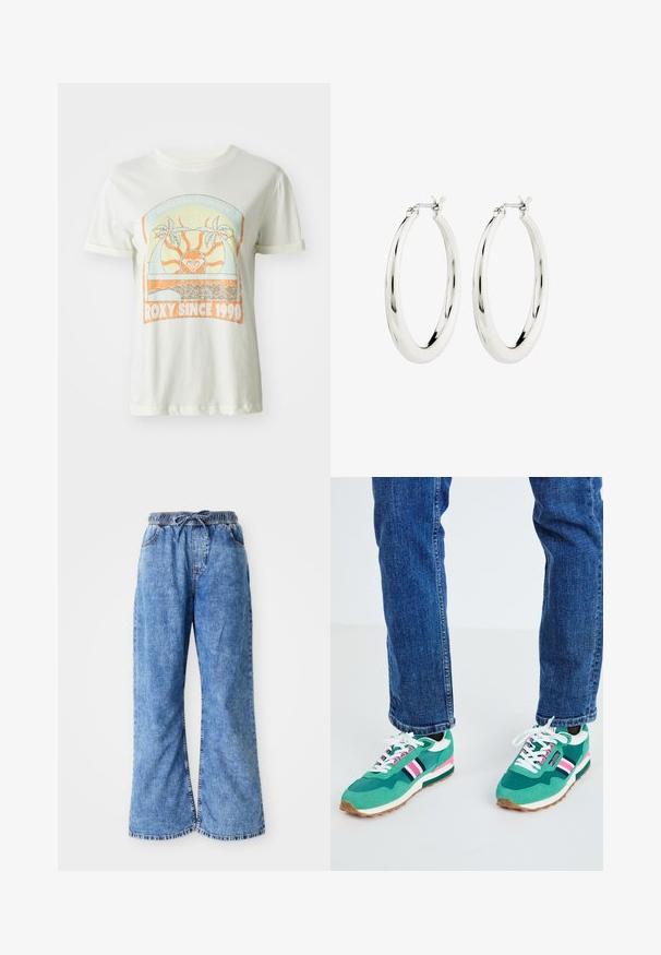 Cremefarvet bomulds t-shirt med et retro grafisk design med palmer, sol og "ROXY SINCE 1990" i orange og teal accenter. Korte ærmer.; Lyseblå denim bukser med brede ben, elastisk talje og snørelukning. Har dobbeltstikninger og rå kant. Ingen synlige lommer.; Grønne sports sneakers med hvide og marineblå accenter, pink stribe detalje og tekstureret stof. Snøret med hvide snørebånd; gummisål.; Sølvøreringe i form af hoops med en glat, blank finish. Cirkulær form, der har en sikker lås. Simpelt og elegant design.