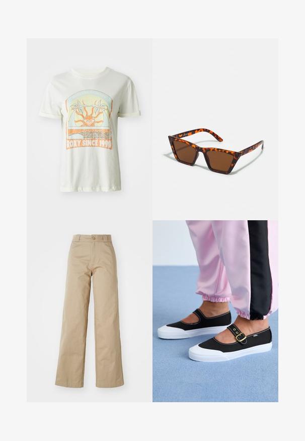 T-shirt en coton crème avec un graphique rétro représentant des palmiers, un soleil et "ROXY SINCE 1990" en accents orange et teal. Manches courtes.; Pantalons larges beiges en coton, avec fermeture à bouton et passants de ceinture, présentant une texture lisse et une finition soignée.; Baskets noires en toile avec une semelle blanche, présentant un design découpé et une sangle en boucle dorée. Portées avec un pantalon de survêtement rose.; Lunettes de soleil teintées de brun avec un motif écaille de tortue, monture angulaire et branches fines. Matériau en plastique léger.