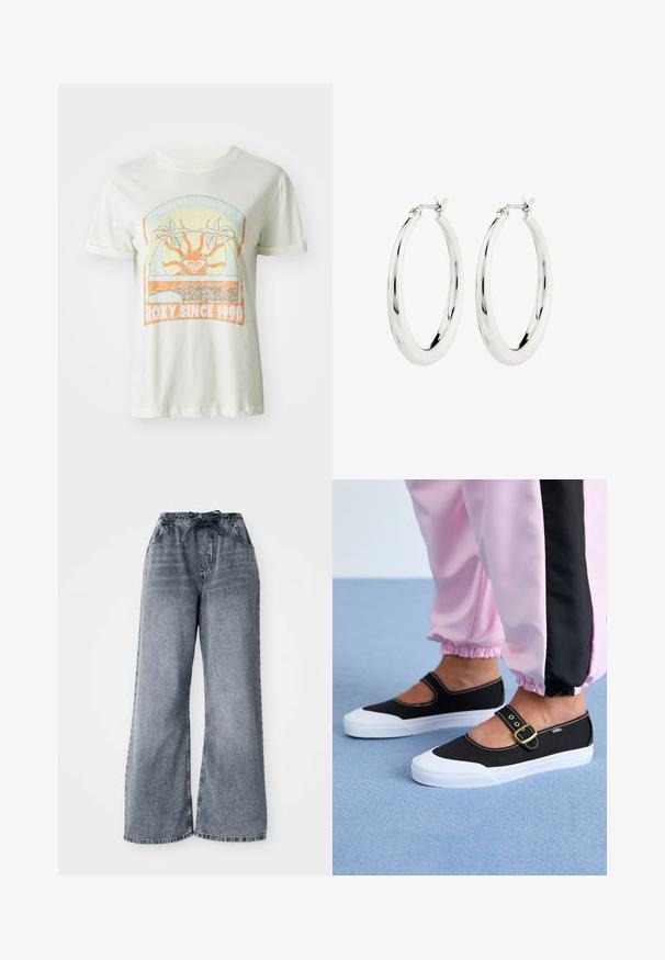 Cremefarvet bomulds t-shirt med et retro grafisk design med palmer, sol og "ROXY SINCE 1990" i orange og teal accenter. Korte ærmer.; Grå jeans med brede ben, elastisk talje, snøre lukning og sidelommer. Bleget tekstur over hele stoffet.; Sorte lærredssko med en hvid sål, der har et udskæringsdesign og et guldspænde. Bæret med lyserøde træningsbukser.; Sølvøreringe i form af hoops med en glat, blank finish. Cirkulær form, der har en sikker lås. Simpelt og elegant design.