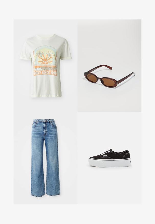 T-shirt en coton crème avec un graphique rétro représentant des palmiers, un soleil et "ROXY SINCE 1990" en accents orange et teal. Manches courtes.; Jeans larges en denim bleu clair avec une taille haute, dotés de cinq poches, d'une fermeture par bouton supérieur et de surpiqûres contrastées le long des coutures.; Baskets en toile noires avec une semelle en caoutchouc blanc, dotées de lacets et de coutures blanches, marquage emblématique sur le côté, design basse.; Lunettes de soleil rondes teinte brun avec une monture bordeaux brillante. Branches fines avec un détail de marque subtil. Design de verres plats.