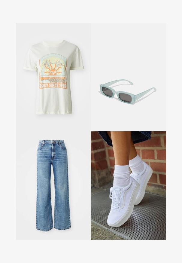 Cremefarbene Baumwoll-T-Shirt mit einem retro Grafikdesign mit Palmen, Sonne und "ROXY SINCE 1990" in orangefarbenen und teal Akzenten. Kurze Ärmel.; Hellblaue Denim-Jeans mit weit geschnittenem Bein und hoher Taille, ausgestattet mit fünf Taschen, einer Knopfverschluss und kontrastierender Naht entlang der Nähte.; Weiße Leinensneaker mit Gummisohlen, ausgestattet mit sechs Ösen, runder Zehenpartie und dezenten Nähten, kombiniert mit weißen Knöchelsocken.; Ein Paar rechteckige Sonnenbrillen mit lichtblauen, halbtransparenten Rahmen und dunkelgrauen Gläsern, ausgestattet mit geraden Bügeln und minimalen Hardware-Details.