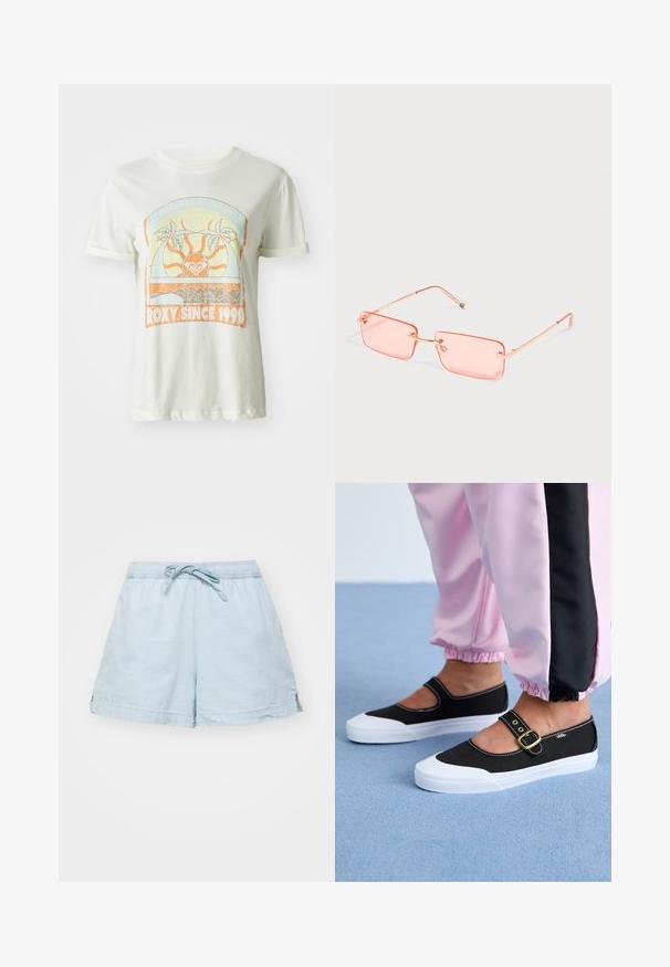 T-shirt en coton crème avec un graphique rétro représentant des palmiers, un soleil et "ROXY SINCE 1990" en accents orange et teal. Manches courtes.; Shorts légers de couleur bleu clair avec une taille élastique et un cordon de serrage. Dotés de poches latérales et d'une coupe décontractée, fabriqués en tissu doux.; Baskets noires en toile avec une semelle blanche, présentant un design découpé et une sangle en boucle dorée. Portées avec un pantalon de survêtement rose.; Lunettes de soleil rectangulaires sans monture teintées rose avec des branches fines en métal doré et des plaquettes nasales réglables sur un fond clair uni.