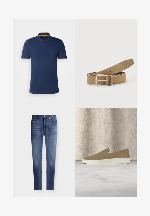 BOSS PASSENGER - Polo - open blue; Jean slim fit bleu en denim pour homme avec style classique à cinq poches et légère décoloration aux cuisses et aux genoux, fermeture par bouton et zip.; Chaussure beige sans lacets avec semelle blanche, présentée en suspension sur un tapis clair avec un mobilier transparent de couleur ambre en arrière-plan.; Ceinture en daim marron clair avec boucle métallique argentée, roulée et posée sur une surface blanche.