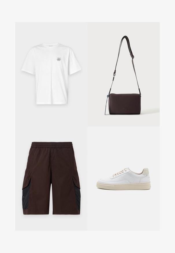T-shirt blanc en coton avec des manches courtes, un col ras du cou et un petit logo gris sur la partie gauche de la poitrine. Texture lisse.; Shorts marron avec une ceinture élastique, dotés de panneaux latéraux noirs et de poches passepoilées. Le matériau semble léger avec une texture lisse.; Sneaker blanche avec un dessus en cuir lisse, des lacets beige et un onglet de talon en daim beige texturé. Semelle surélevée pour une hauteur supplémentaire.; Sac bandoulière en cuir marron foncé texturé avec une sangle réglable et un petit accent décoratif bleu sur le côté.