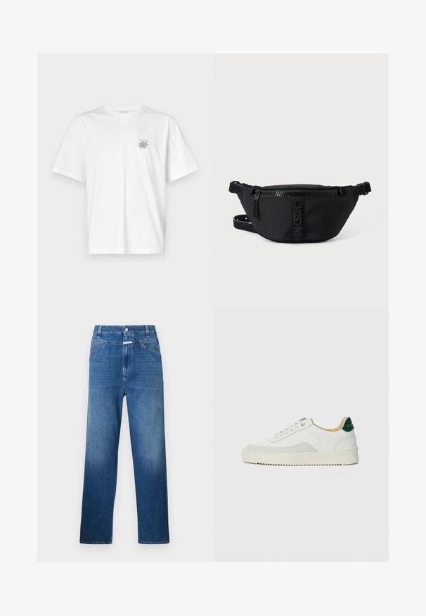 Weißes T-Shirt aus Baumwolle mit kurzen Ärmeln, Rundhalsausschnitt und kleinem grauen Logo auf der linken Brustseite. Glatte Textur.; Blaue Denim-Jeans mit geradem Bein, ausgestattet mit einem Knopfverschluss, Gürtelschlaufen und dezenten Ausbleichungen an den Oberschenkeln.; Weiße Sneaker mit Wildlederelementen, runder Zehenpartie, flachen Schnürsenkeln und einer cremefarbenen Gummisohle. Mit grünen Markenlogo am Fersenbereich.; Schwarze Moschino Bauchtasche mit Frontreißverschluss und verstellbarem Riemen auf einfachem hellem Hintergrund.