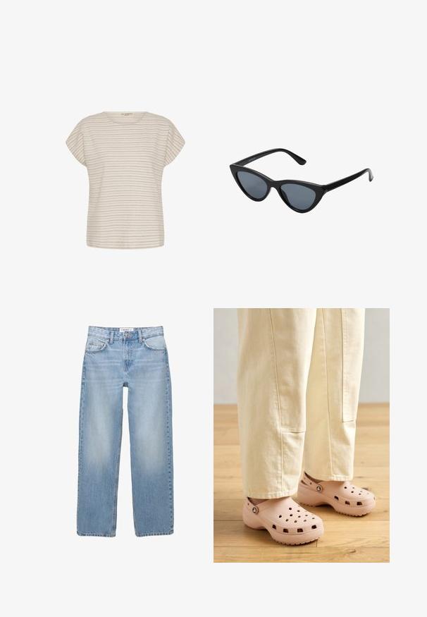 Beiges Kurzarm-Oberteil mit dünnen, horizontalen grauen Streifen, rundem Ausschnitt und lockerem Schnitt, auf schlichtem weißen Hintergrund präsentiert.; Helle blaue Jeans aus Denim mit geradem Bein, Fünf-Taschen-Stil und sichtbaren Nähdetails. Der Stoff hat eine weiche, leicht ausgewaschene Textur.; Helle rosa Clogs aus Gummi, mit Belüftungslöchern, einer konturierten Form und einer strukturierten Sohle für Halt. Getragen mit hellbeigen Hosen.; Schwarze Cat-Eye-Sonnenbrille mit dunkelgrauen Gläsern, schlankem Kunststoffrahmen, spitzen Ecken und geraden Bügeln. Keine sichtbaren Befestigungen oder Akzente.
