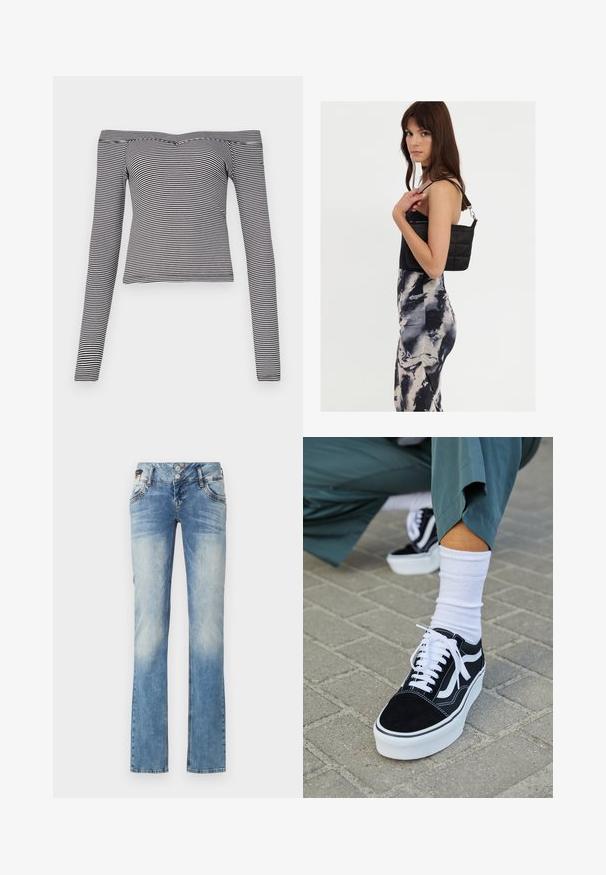 Zwart-witte gestreepte off-the-shoulder lange mouwen top van zachte stof met een getailleerd ontwerp en smalle neklijn.; Lichtblauwe denim jeans met een rechte pijp, voorzien van een vijfknopen sluiting, voorzakken en subtiele vervagingdetails.; Zwarte suède sneaker met witte accenten en veters, uitgerust met een dikke witte zool en contrasterende stiksels, gecombineerd met een witte sok.; Zwarte gewatteerde schoudertas met een enkele strap en zilveren hardware, gecombineerd met een fitted, tie-dye patroon jurk in tinten zwart en crème.
