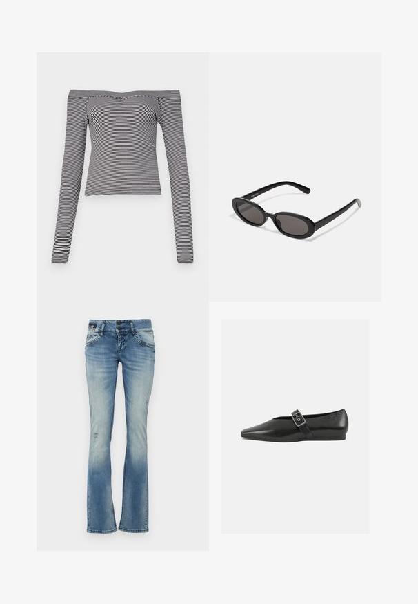 Schwarz-weiß gestreiftes, schulterfreies Top mit langen Ärmeln, aus glattem Stoff mit tailliertem Schnitt und schmalem Ausschnitt.; Ausgestellte blaue Jeans aus Denim mit einem verwaschenen Finish, ausgestattet mit Ausbleichungen, distressed Details und zwei vorderen Taschen mit gestickten Akzenten.; Schwarze Lederflachschuhe mit spitzem Zehenbereich, ausgestattet mit einem metallischen Riemen über dem Spann und einer niedrigen, flexiblen Sohle.; Even&Odd by Zalando Sonnenbrille - black