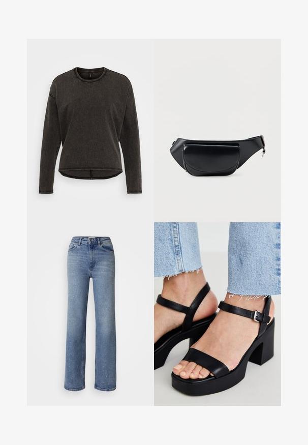ONLY ONLLILA O NECK STUD - Longsleeve - black washed; Lichtblauwe wijde jeans gemaakt van denim, met verspreide witte versieringen, een hoge taille en een standaard vijf-pocket ontwerp.; ALDO CELIE - Sandalen met hoge hak - black; Zwarte taillebeurs van namaakleer met een voorvak met klep en een verstelbare riem met ritssluiting.