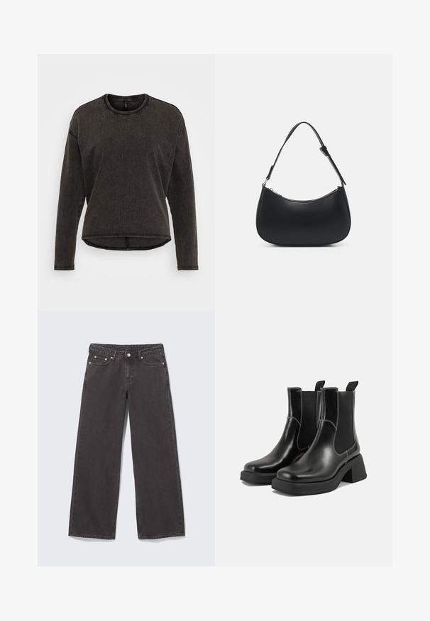 ONLY ONLLILA O NECK STUD - Langarmshirt - black washed; Schwarze Jeans mit weitem Bein aus Denim, ausgestattet mit Kupfernieten, fünf Taschen und einem Knopfverschluss. Weiche, robuste Textur, mit einem geraden Schnitt von der Taille bis zum Saum.; Schwarze Leder Chelsea-Stiefel mit einem klobigen Absatz, elastischen seitlichen Einsätzen und kontrastierendem weißen Nähten. Strukturierte Oberfläche.; Pieces PCALUANA SHOULDER BAG - Handtasche - black