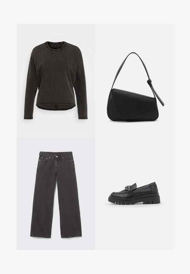 ONLY ONLLILA O NECK STUD - Camiseta de manga larga - black washed; Vaqueros negros de mezclilla de pierna ancha con remaches de cobre, cinco bolsillos y cierre de botón. Textura suave y resistente, con un corte recto desde la cintura hasta el dobladillo.; Zapato estilo mocasín negro con suela de plataforma gruesa, parte superior de cuero liso, detalle decorativo de cadena y un ligero tacón con detalle muescado.; Bolso de mano de cuero negro con forma triangular, tapa en ángulo y un asa superior redondeada. Presenta una textura suave y detalles de diseño minimalistas.