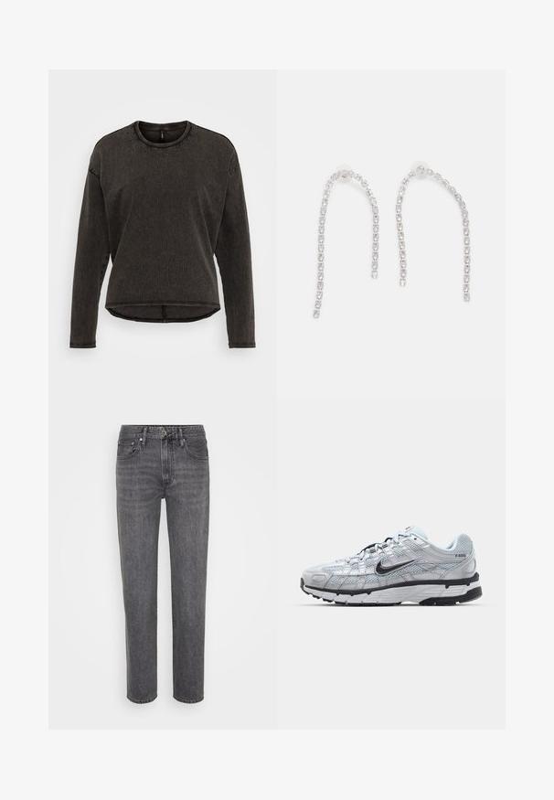 ONLY ONLLILA O NECK STUD - Langarmshirt - black washed; Schwarze Jeans aus Denim mit geradem Bein, klassischem Fünf-Taschen-Stil und Knopfverschluss, mit dezenten Ausbleichungen und Nähdetails.; Nike P-6000 Sneakers mit einem Obermaterial aus leichtem grauem Mesh, schwarzen Akzenten und einer langlebigen schwarzen Gummisohle. Verfügt über ein komplexes Design und ein Schnürsystem.; Silberohrringe mit herabhängenden Ketten, die mehrere klare Edelsteine in einem linearen Muster angeordnet haben und einen schimmernden Effekt bieten.