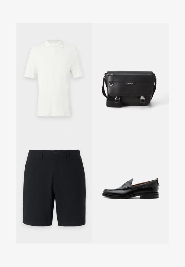 Witte polo met korte mouwen en geribbelde textuur, een kraag en een enkele knoopsluiting aan de bovenkant.; Zwarte shorts met een textuurstof, knoopsluiting, riemlussen en zijzakken; slim-fit met schone, gestikte zomen.; Zwarte leren herensloffen met moc toe stiksel, pennyriem, gestructureerde kraag en lage gestapelde hak op witte achtergrond.; Zwarte textuur Lacoste schoudertas met verstelbare strap, voormep flap, ritszak en metalen gesp-sluiting.