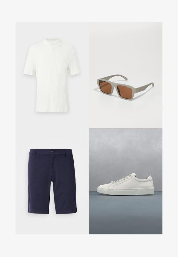 Weißes Kurzarm-Poloshirt mit geripptem Strukturmuster, Kragen und einer einzelnen Knopfleiste oben.; Marineblaue Shorts mit flachem Frontschnitt, Knopfverschluss und seitlichen Taschen. Hergestellt aus leichtem Stoff mit glatter Textur.; Weißes Leder-Sneaker mit abgerundetem Zehenbereich, minimalistisches Design, graue Schnürsenkel und einer strukturierten grauen Gummisohle. Dezente Nähte sichtbar.; Armani Exchange Sonnenbrille - matte opal grey