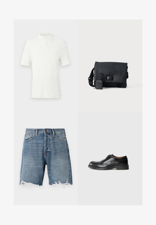 Hvid kortærmet poloshirt med ribstrikket tekstur, krave og enkelt knaplukning øverst.; Lys blå denimshorts med en slidt kant, fem-lomme design og synlig syning. Har en knaplukning i taljen.; Sorte lædersko med rund tå, glat overflade, snøre detaljer og en lav, tekstureret gummisål. Rene linjer og minimalistisk design.; Sort messenger taske med en slank, glat overflade, en justerbar rem og en lille aftagelig pouch med et geometrisk mønster.